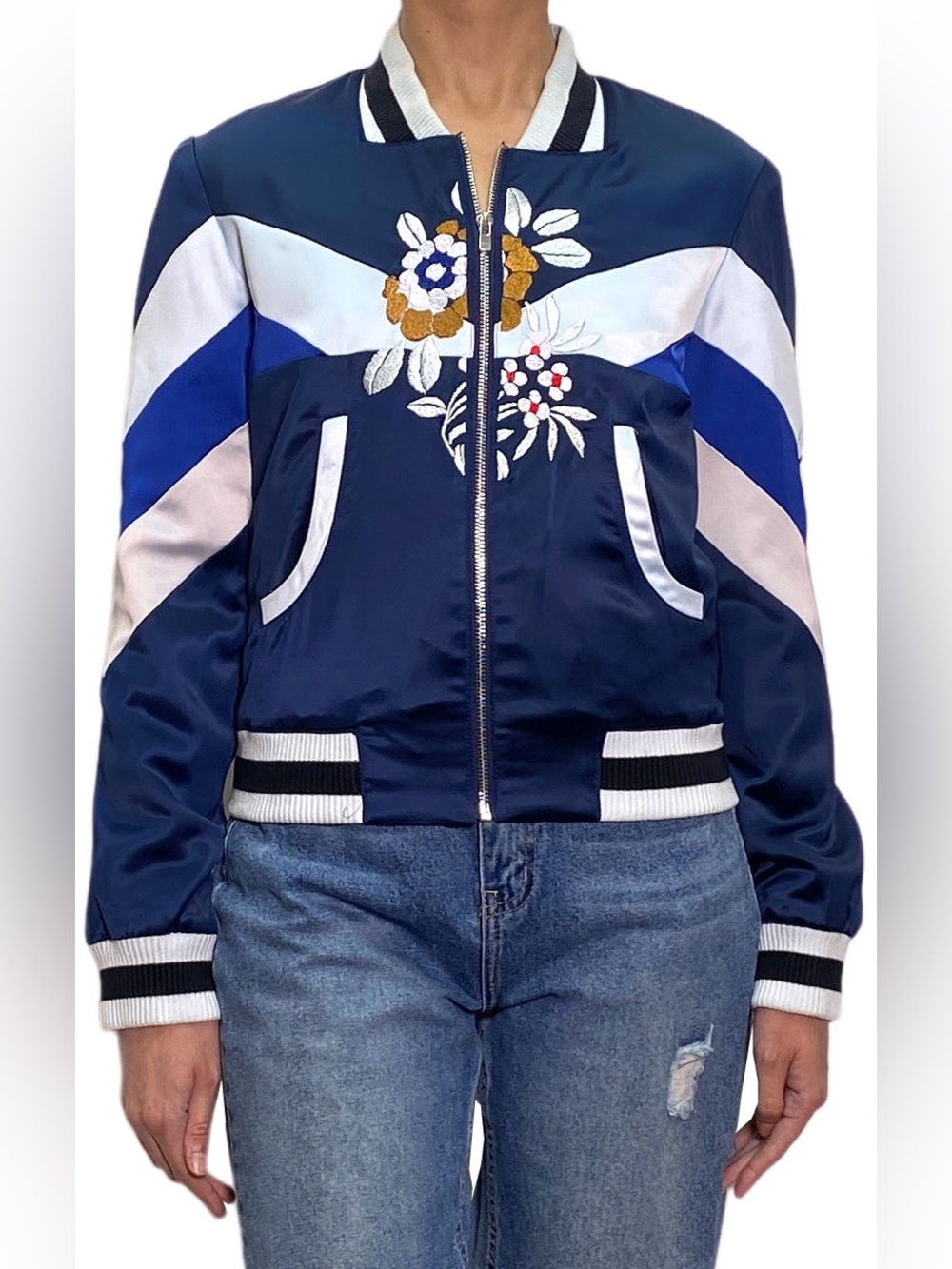 Maje Blue and White Bomber Jacket with Ribbed Trim (Size 38 / US Medium) NWT